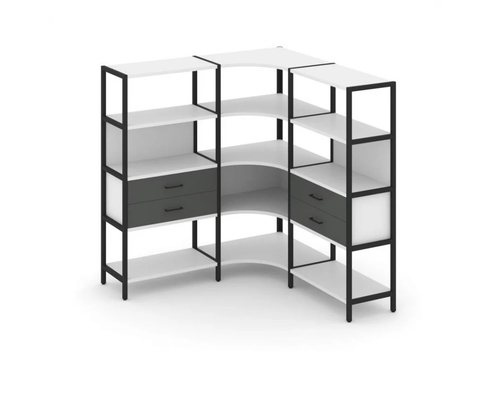 Трехсекционный угловой стеллаж четырехярусный с ящиками 1590х1590х1613 Shelf System
