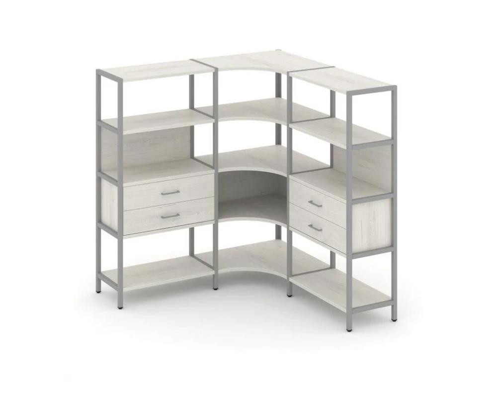 Трехсекционный угловой стеллаж четырехярусный с ящиками 1590х1590х1613 Shelf System