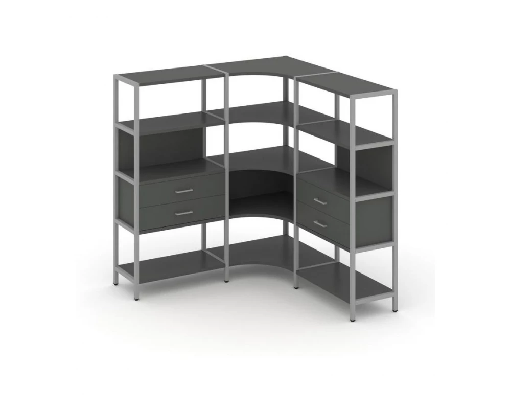 Трехсекционный угловой стеллаж четырехярусный с ящиками 1590х1590х1613 Shelf System