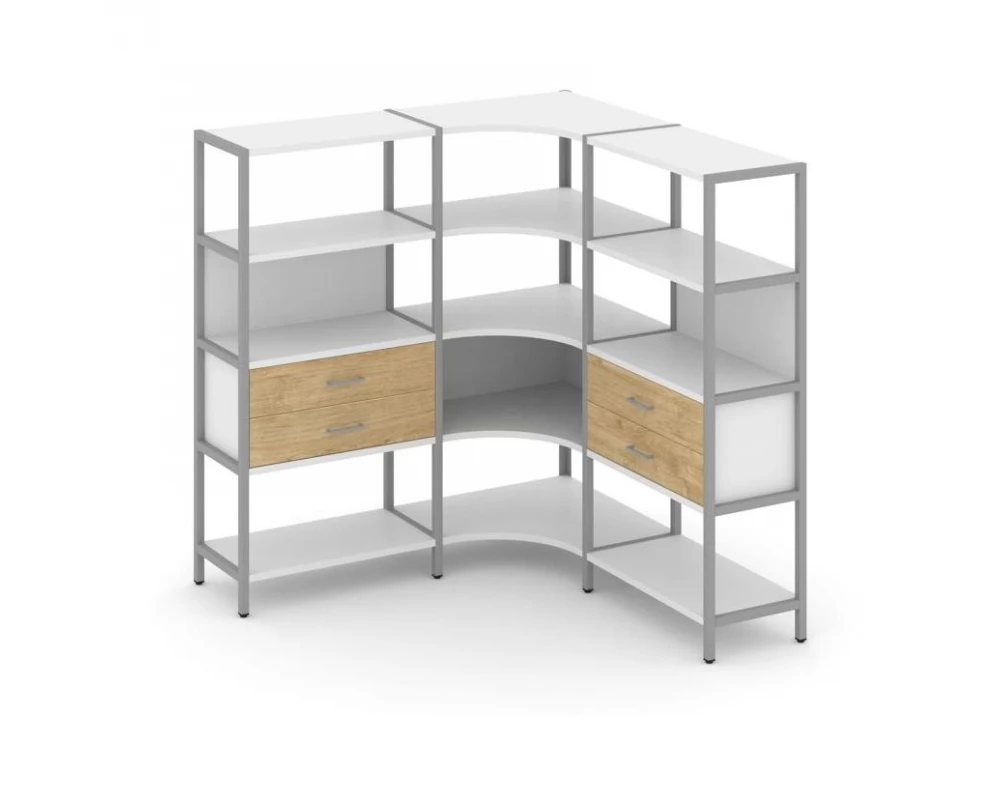Трехсекционный угловой стеллаж четырехярусный с ящиками 1590х1590х1613 Shelf System