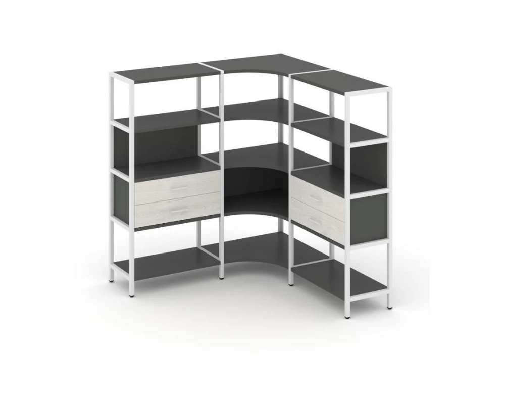 Трехсекционный угловой стеллаж четырехярусный с ящиками 1590х1590х1613 Shelf System