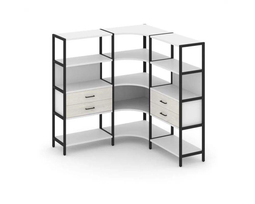 Трехсекционный угловой стеллаж четырехярусный с ящиками 1590х1590х1613 Shelf System