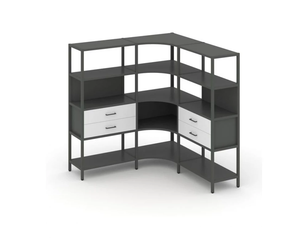 Трехсекционный угловой стеллаж четырехярусный с ящиками 1590х1590х1613 Shelf System