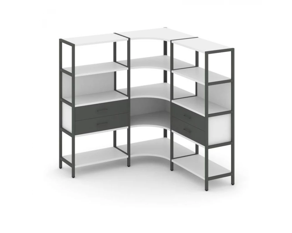 Трехсекционный угловой стеллаж четырехярусный с ящиками 1590х1590х1613 Shelf System