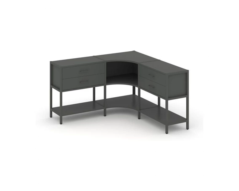 Трехсекционный угловой стеллаж двухярусный с ящиками 1590х1590х879 Shelf System