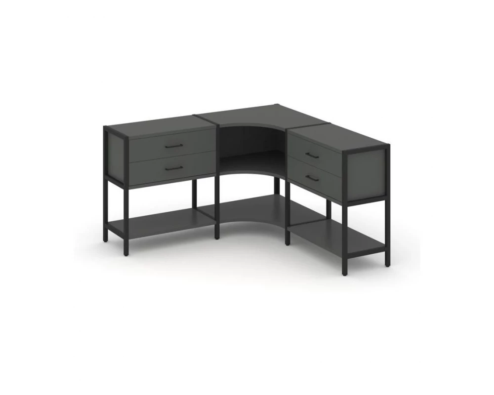 Трехсекционный угловой стеллаж двухярусный с ящиками 1590х1590х879 Shelf System