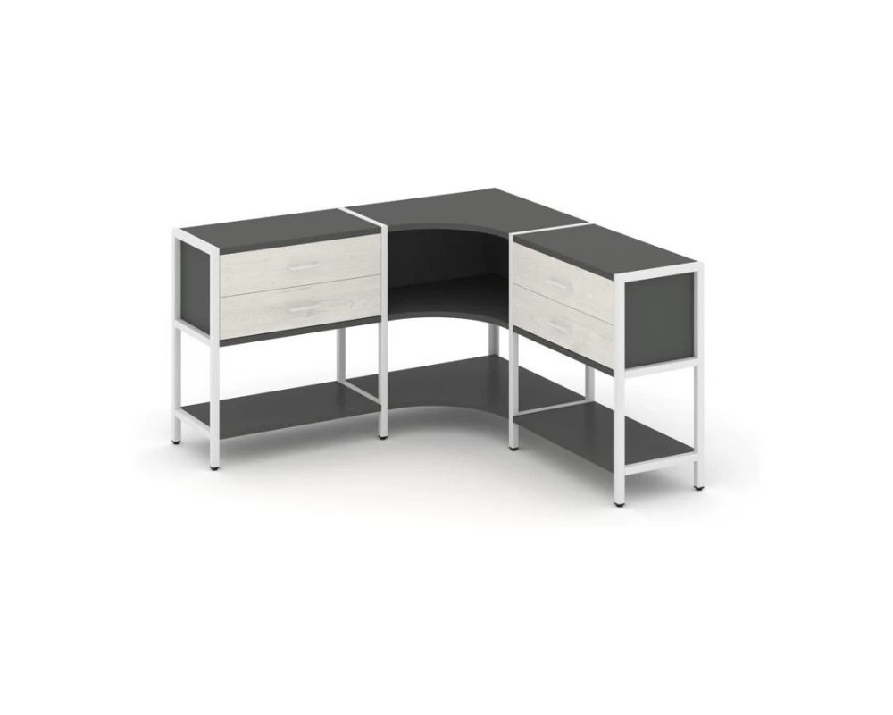 Трехсекционный угловой стеллаж двухярусный с ящиками 1590х1590х879 Shelf System