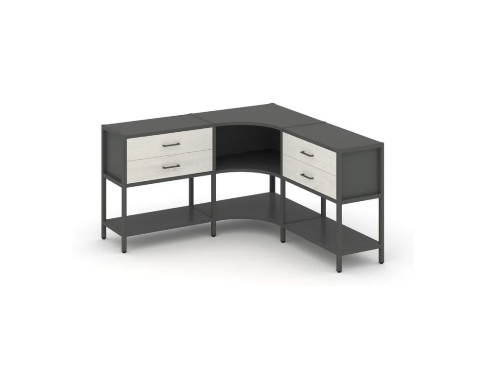 Трехсекционный угловой стеллаж двухярусный с ящиками 1590х1590х879 Shelf System