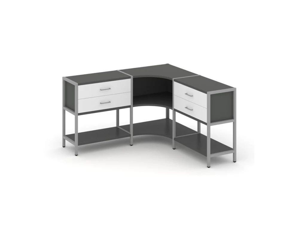 Трехсекционный угловой стеллаж двухярусный с ящиками 1590х1590х879 Shelf System