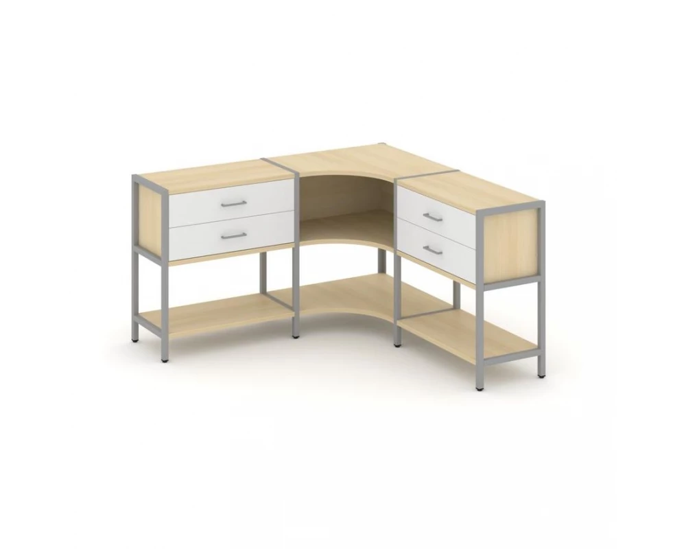 Трехсекционный угловой стеллаж двухярусный с ящиками 1590х1590х879 Shelf System