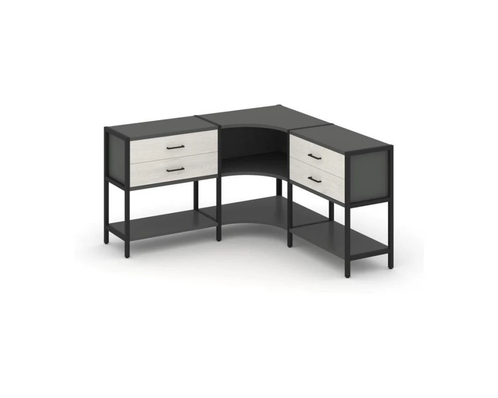 Трехсекционный угловой стеллаж двухярусный с ящиками 1590х1590х879 Shelf System